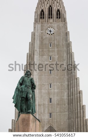 Hallgrimskirkja Cathedral with Statue of Leifur Eriksson, the Viking chief in Iceland, Reykjavik