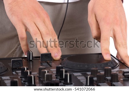 mixer controlling with two dj man hand on white background