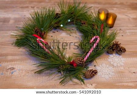 Christmas wreath made of cedar. Christmas design. Preparing for the New Year.