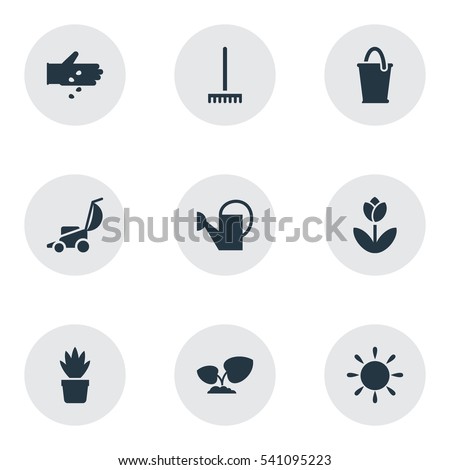 Set Of 9 Editable Gardening Icons. Includes Symbols Such As Bucket, Vacuum Cleaner, Farm Tool And More. Can Be Used For Web, Mobile, UI And Infographic Design.