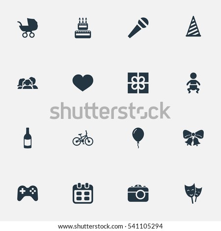Set Of 16 Simple Birthday Icons. Can Be Found Such Elements As Game, Baby Carriage, Days And Other.