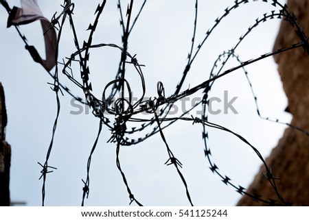 
Silhouette of barbed wire with blue sky background