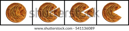FOUR PICTURE SEQUENCE OF ROUND APPLE PIE WITH TRIANGULAR SLICE