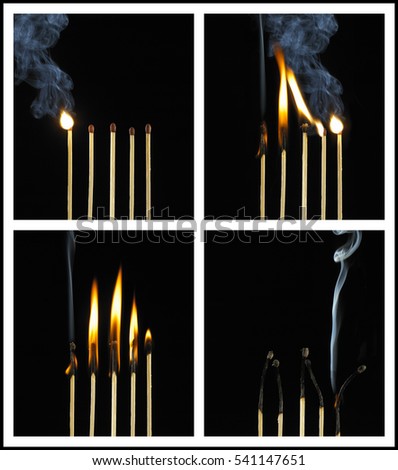 FOUR PICTURE SEQUENCE OF BURNING MATCHES
