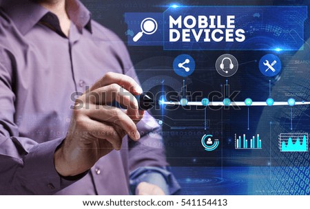 Technology, Internet, business and marketing. Young business person sees the word: mobile devices