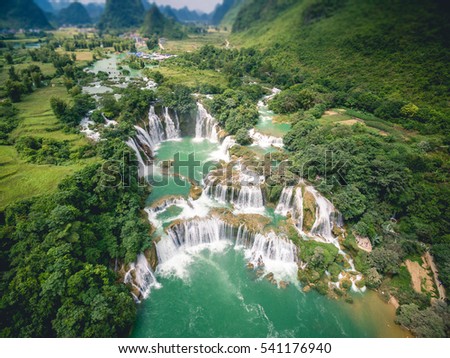 Bangioc - Detian waterfall from drone in Caobang, Vietnam Royalty-Free Stock Photo #541176940