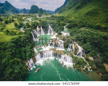 Bangioc - Detian waterfall from drone in Caobang, Vietnam Royalty-Free Stock Photo #541176949