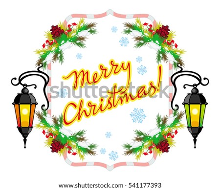 Winter holiday label with vintage lanterns and artistic written text "Merry Christmas!". Design element for advertisements, web, greeting cards and other graphic designer works. Raster clip art.