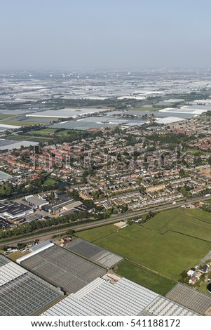 Aerial view of greenhouses in De Lier, Westland, an area with thousands of glass houses near The Hague, in the province of Zuid-Holland, Netherlands. 