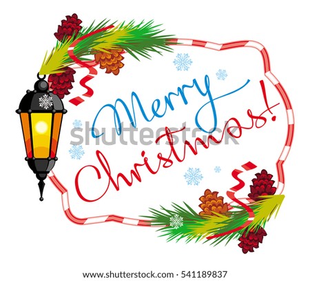 Winter holiday label with vintage lanterns and artistic written text "Merry Christmas!". Design element for advertisements, web, greeting cards and other graphic designer works. Raster clip art.