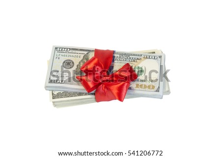 Christmas dollar cash present with red bow Isolated on white background