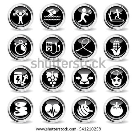 healthy lifestyle icons on stylish round chromed buttons