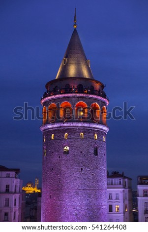 Galata Tower at Night in Istanbul Turkey.