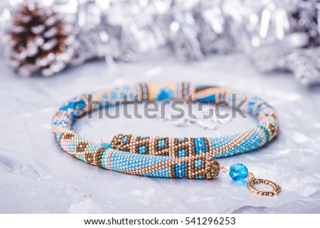 Beadwork. Beaded necklace. Winter. Handmade Jewelry. Blue.