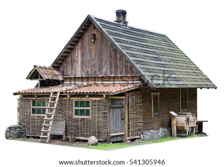 Usual no name wooden vintage  rural shed for storage of firewood and agricultural tools. Isolated with patch Royalty-Free Stock Photo #541305946