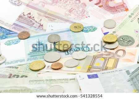 Money from different countries.  Eur, baht, crown, ruble, Belarusian rubles, Hryvnia, dollar, yuan.
