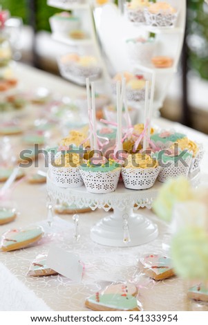 Wedding candy bar full of colorful dessert lollipops, cupcakes, macaroons, cookies and marshmallow. Wedding or birthday party table.