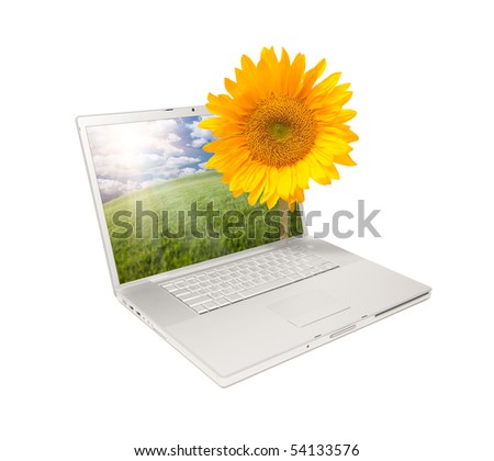 Silver Computer Laptop Isolated with Yellow Sunflower Extruding the Monitor Screen.