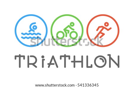 Vector line logo triathlon. Figures triathletes on white background. Swimming, cycling and running symbol.