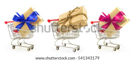 Set of gifts with blue, red ribbon and thread burlap in the shopping carts isolated on white background