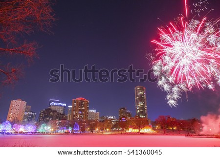 Winter Holiday Celebration Fireworks over Loring Park and Minneapolis Skyline