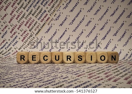 recursion - cube with letters and words from the computer, software, internet categorie, wooden cubes Royalty-Free Stock Photo #541376527