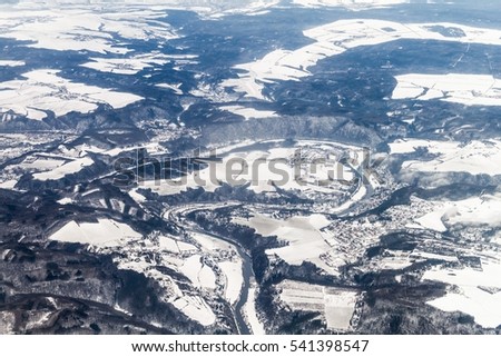 Winter aerial view of the landscape of the Czech Republic. Berounka river valley.