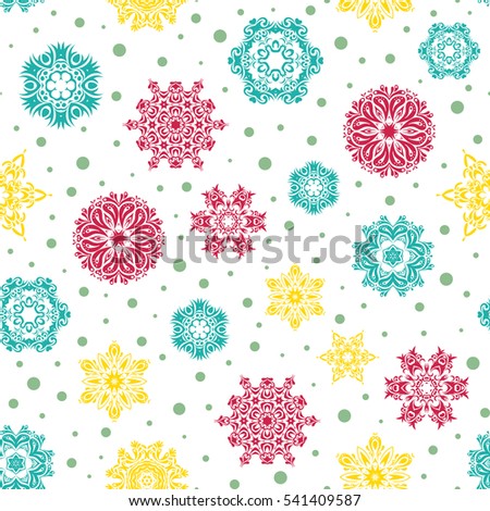 Illustration. Snowflakes, snowfall. Beautiful yellow and pink snowflakes isolated on a white background. Falling Christmas stylized snowflakes.