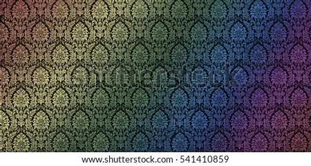 Fragment of ornamental wallpaper green rainbow red pink grey purple colored, or abstract surface of tiled flowers and leaves pattern, or texture useful as  background vignetted and gradient background