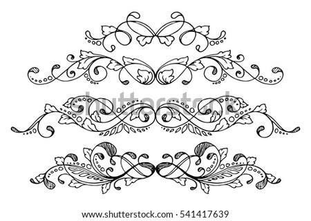 Set of four calligraphic floral design elements and page decoration. Vector illustration.