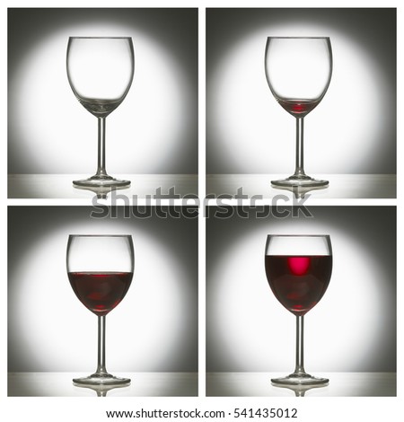 FOUR PICTURE SEQUENCE OF GLASS OF RED WINE FROM EMPTY TO FULL