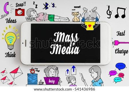 "Mass Media" words on smartphone with doodle and social media icon - internet, social, marketing and business concept
