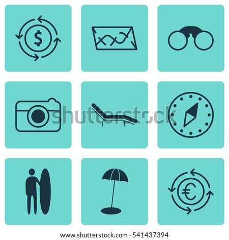 Set Of 9 Tourism Icons. Includes Chaise Longue, Surf-Board, Currency Recycle And Other Symbols. Beautiful Design Elements.