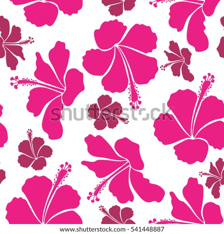 Creative universal floral pattern in magenta and pink colors. Hand Drawn tropical style texture. Ideal for web, card, poster, fabric or textile. Vector seamless pattern of hibiscus flowers on a white.