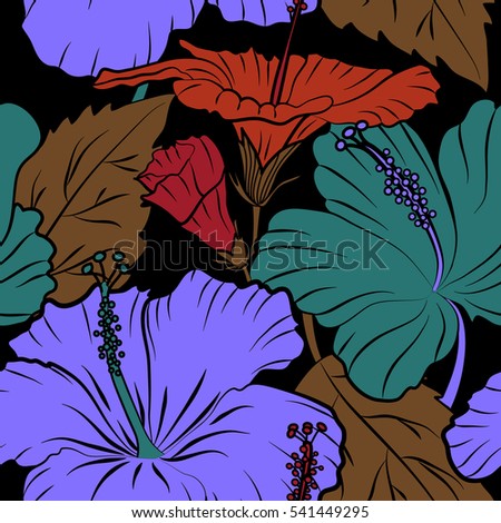 Vector hibiscus flowers and buds retro seamless pattern illustration in red, violet and orange colors on black background.