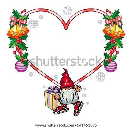 Heart-shaped frame with decorations and funny gnome. Copy space. Christmas background. Raster clip art.