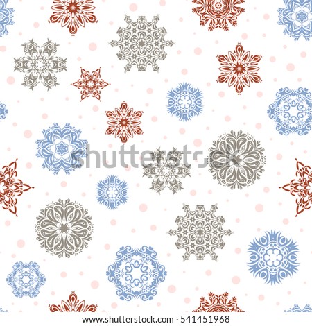 Hand drawn design with abstract winter doodles. Vector Merry Christmas and Happy New Year lettering quote. Gray and brown snowflakes on white background poster.