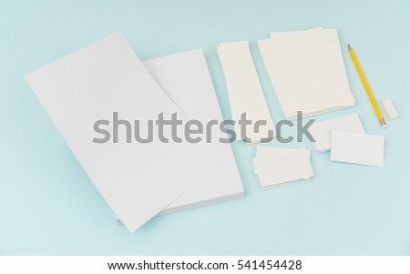 Blank flyer poster, brochure mockup,A4, US-Letter, with business card  on blue background