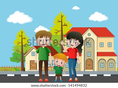 Family members standing in front of the house illustration