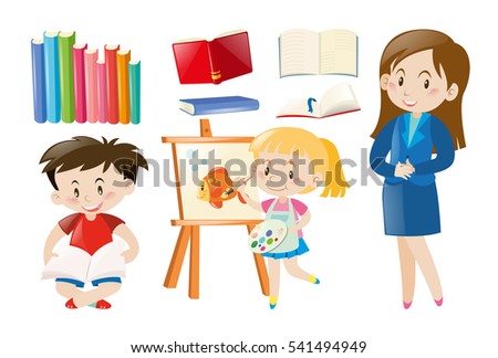 Teacher and students with school objects illustration