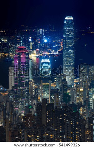 elevated view of night scene of Hong Kong victoria harbor,China.