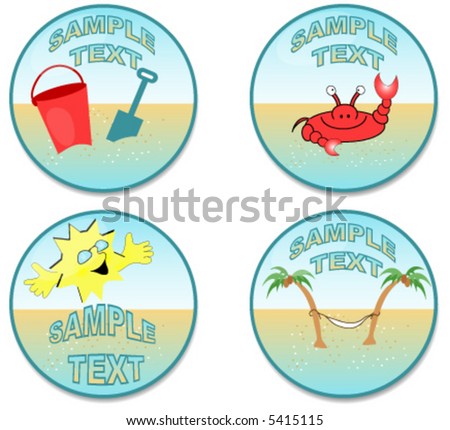 Tropical beach graphics including crab,pail,sun and palm trees. Vector.
