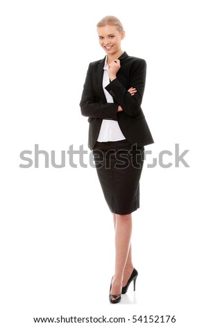 Portrait of beautiful caucasian business woman in black suit, isolated on white background