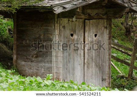 wooden toilet with heart in nature