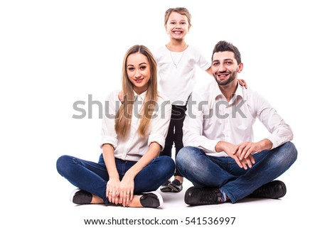 Happy family on white background. Mother, father and big daughter