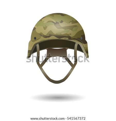 Paintball military modern camouflage helmet. Army symbol of defense. Plastic toy hat in khaki color. Military camo defense headwear. Guard protective element. Safety head cover. Vector illustration