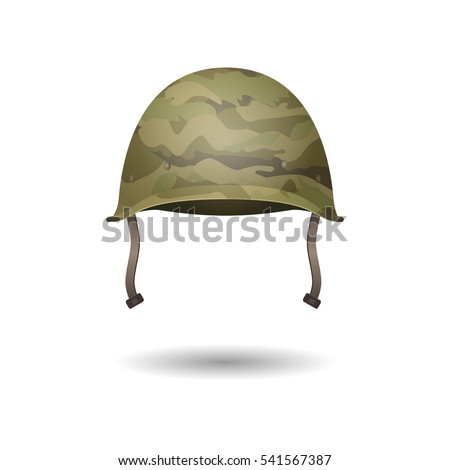 Military modern helmet with camouflage patterns. Vector illustration. Metallic army symbol of defense and protect. Protective hat. Uniform headwear isolated on white. Editable element in cartoon style