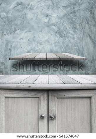 Rustic white wooden shelf on grunge dirty wall cement background use for products display