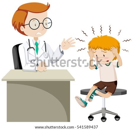 Little boy with headache visiting doctor illustration
