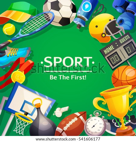 Colorful poster on sport theme with wishing to be first and set of inventory items on green background  flat vector illustration 